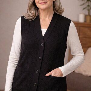 Traditional Mexican Womens Knitted Vest black w/front pockets buttons closing